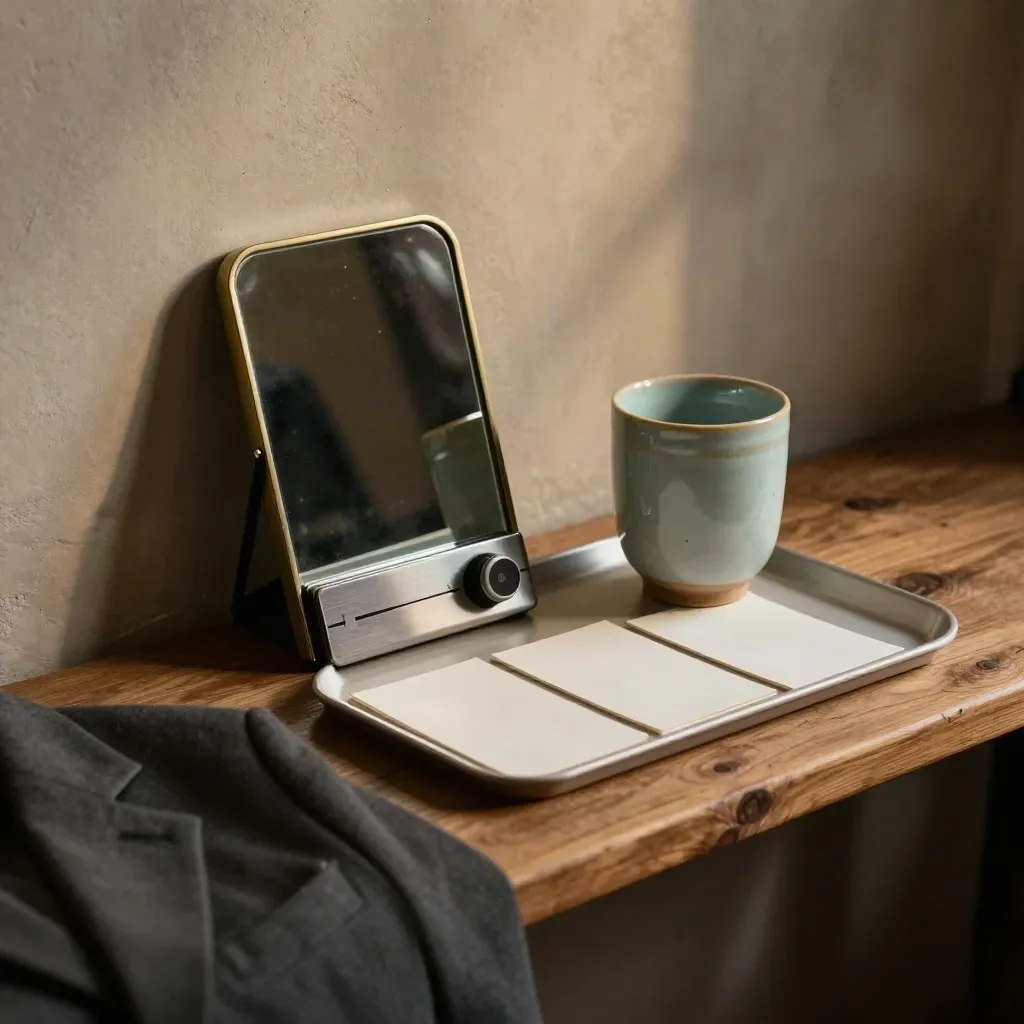 Interview prep tray with mirror, water glass, timer, and facedown cue cards in warm studio light.