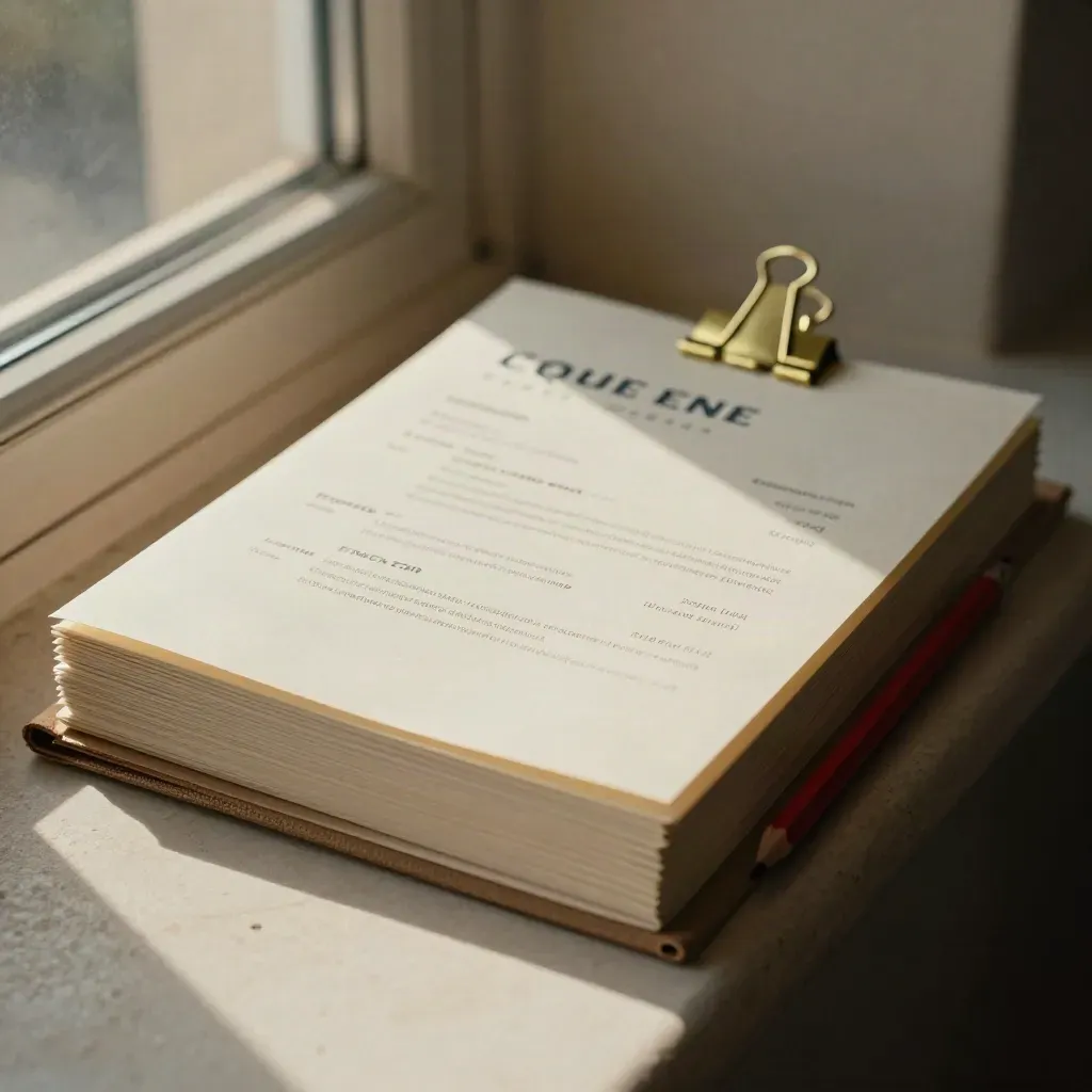 Clipped cream resume pages with brass clips, a red pencil, and kraft sleeve on a stone ledge.
