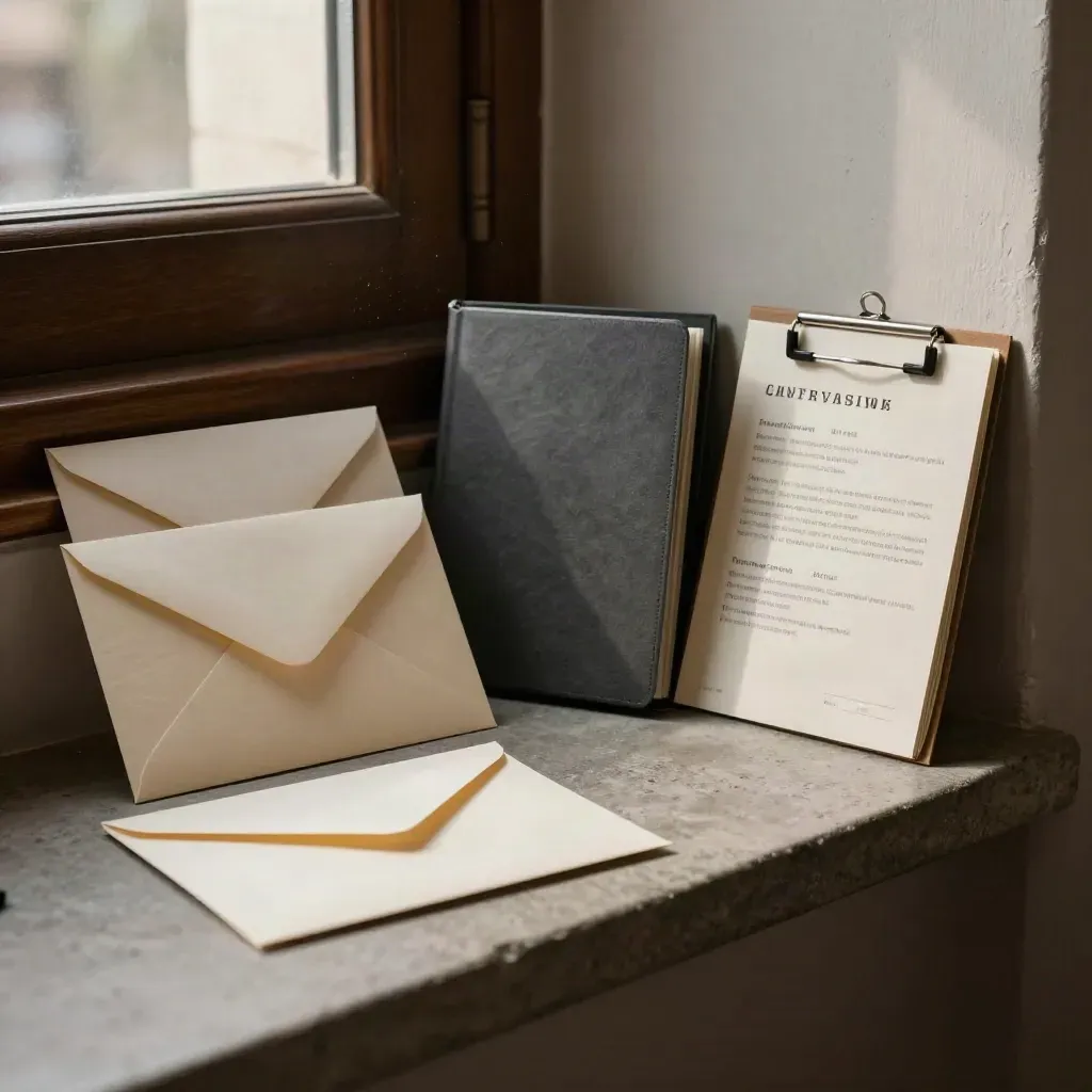 Interview invitation envelopes beside a portfolio box and resume packet on a stone shelf.