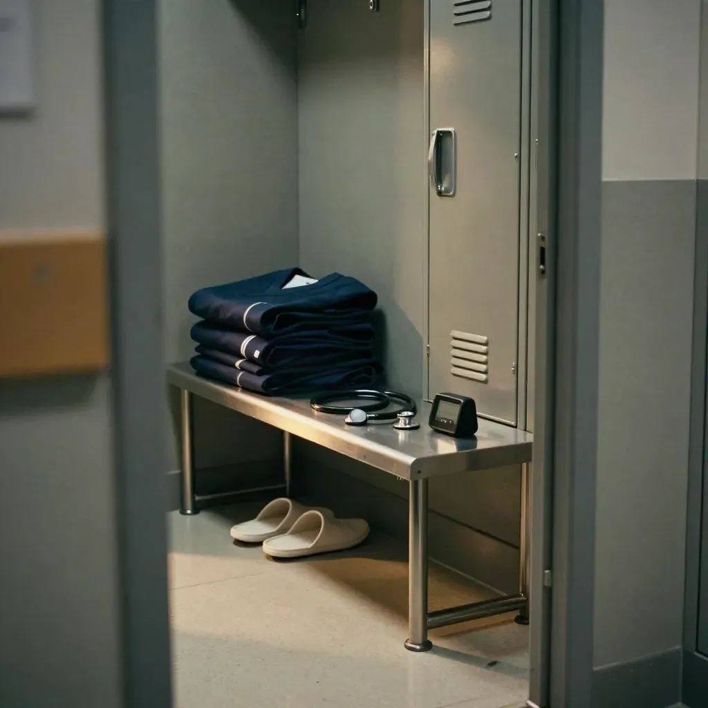 Hospital locker nook with folded scrubs, clogs, stethoscope and timer, lit by a moody corridor beam.