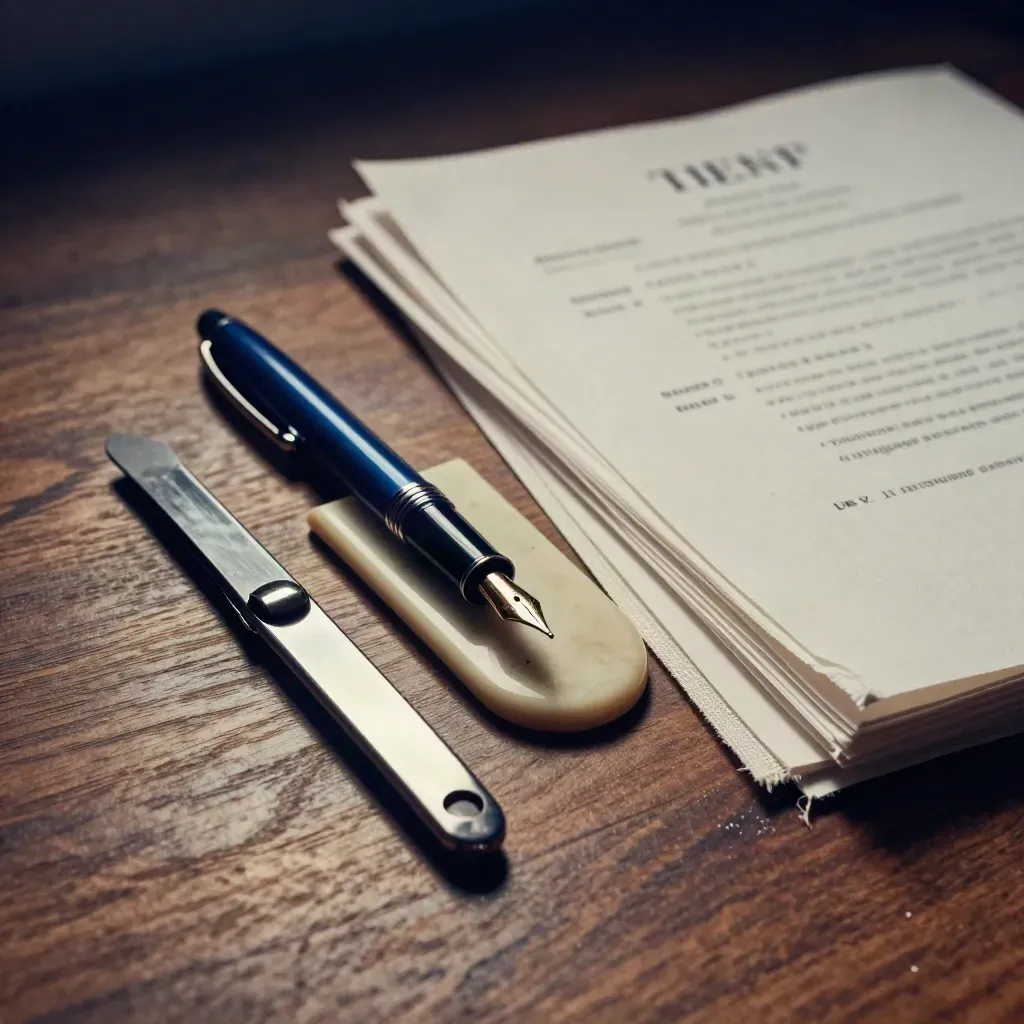 Macro of resume editing tools on a walnut bench with cotton paper and a blue ink pen.