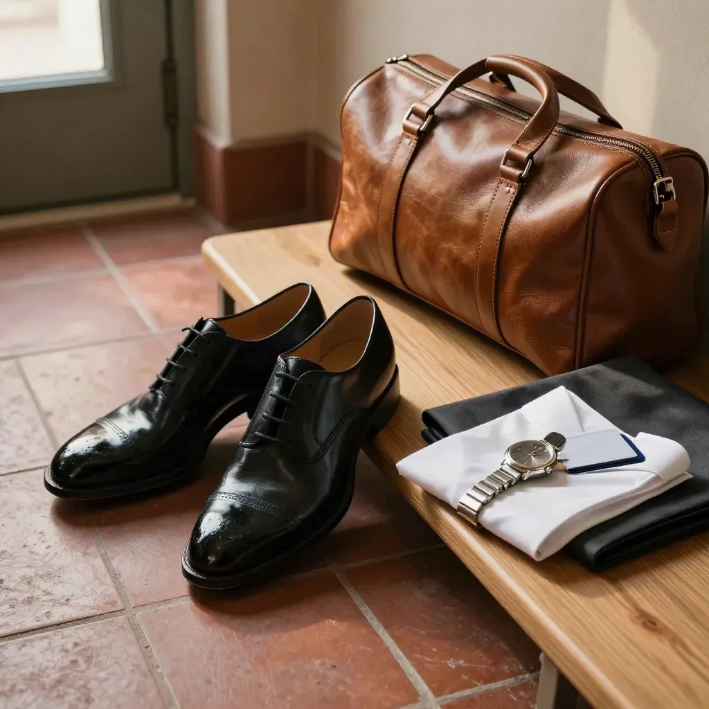 Dress shoes, watch, shirt cuff and keycard sleeve staged on a terracotta bench at dawn.