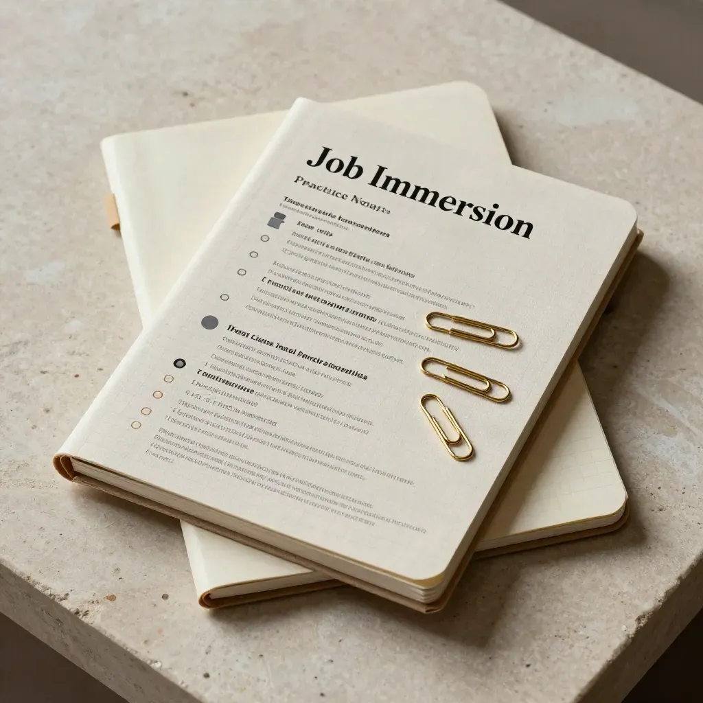 Overhead still life of a folder set, closed grid notebook, and gold clips on pale stone.