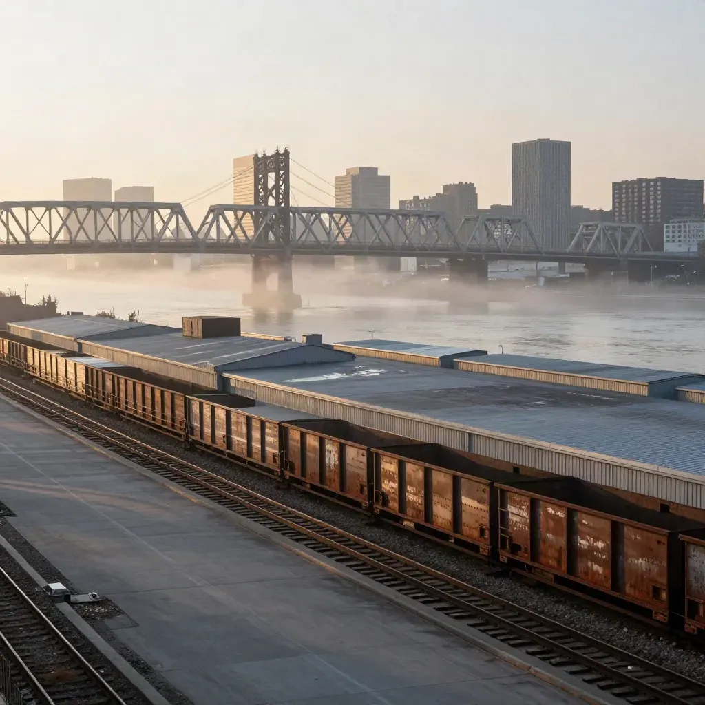 Foggy Newark riverfront skyline and bridge lattice at winter dawn over freight tracks